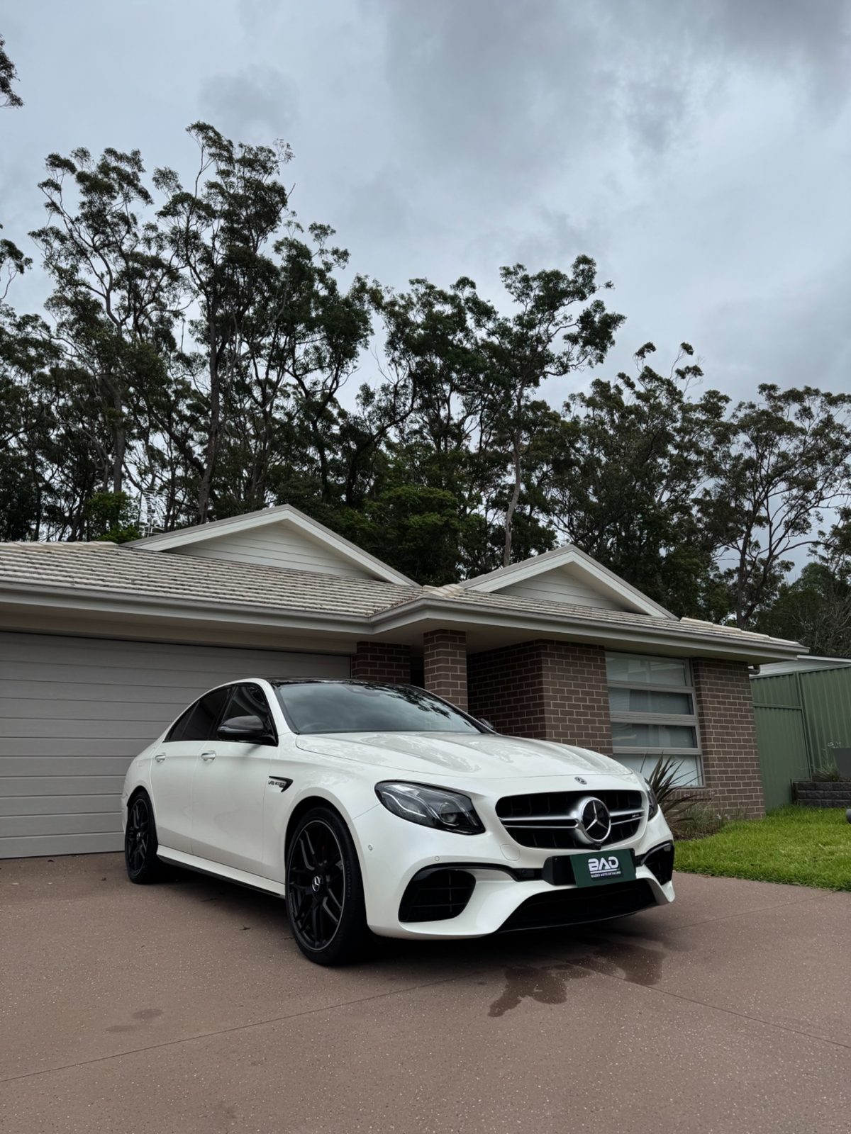 White Mercedes-AMG E63 in the studio